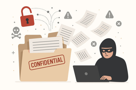 Hacker stealing confidential data from a computer. Cybersecurity breach, data leak, and information theft concept. Cybercrime, internet privacy violation, security vulnerability, and phishing.