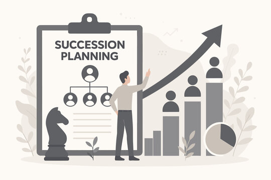 Succession planning vector concept for business strategy. Human resources manager with clipboard plans leadership development, talent management and career path for corporate growth.