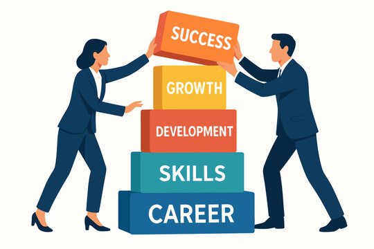 Business teamwork concept. Man and woman building career path with blocks labeled success, growth, development, skills. Professional achievement and corporate collaboration vector.