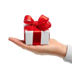 A hand holding a gift box with a red bow. The image shows a person's hand holding a small white gift box with a red bow on top. It conveys a sense of giving and receiving