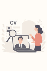 Remote hiring and online recruitment concept. HR manager conducts a virtual job interview with a candidate on a laptop. Finding new employees, CV review and headhunting process.