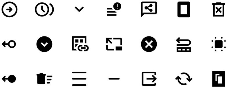 Black and white vector UI icon set for websites, featuring tanks, tow trucks, and rogues on isolated background, uniform size and clean design