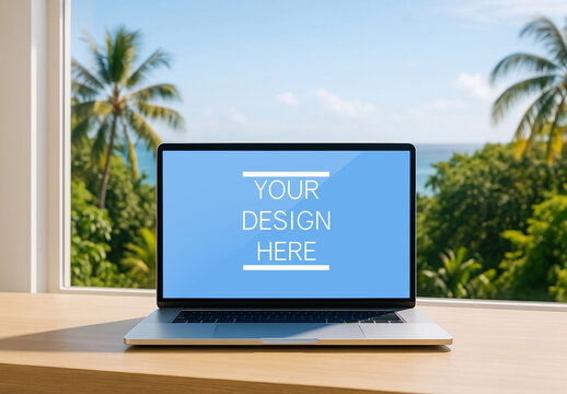 Laptop Screen Mockup With Tropical Beach View In Background