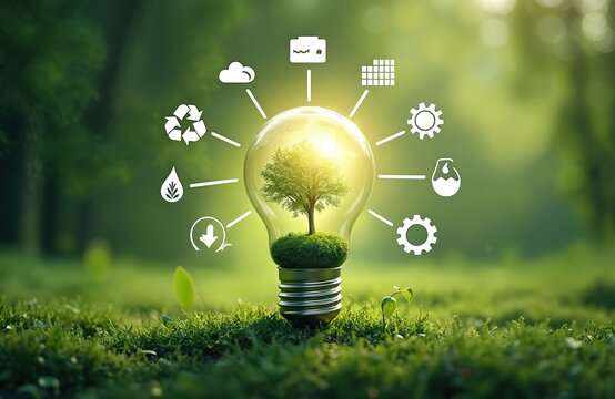 Eco energy concept. Light bulb with growing tree inside. Symbols of saving energy, environment protection, sustainable resources. Innovation, technology, eco-friendly, renewable energy, nature,