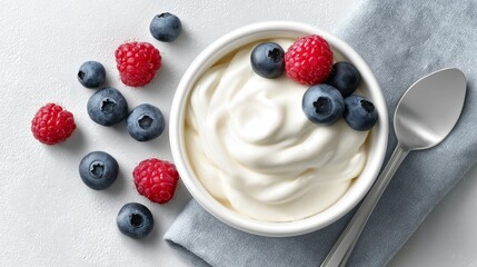 A bowl of creamy yogurt is adorned with fresh blueberries and raspberries