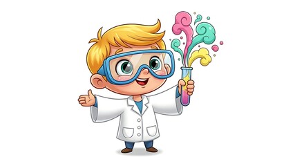 Cute cartoon child scientist holding a test tube with colorful smoke. Educational and playful science character on white background.