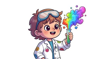 Cute cartoon child scientist holding a test tube with colorful smoke. Educational and playful science character on white background.