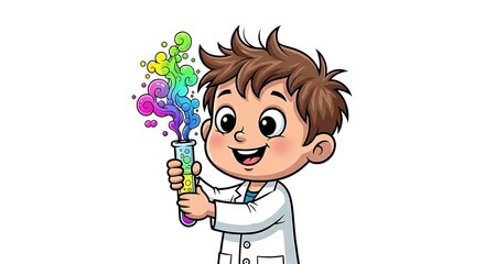 Cute cartoon child scientist holding a test tube with colorful smoke. Educational and playful science character on white background.