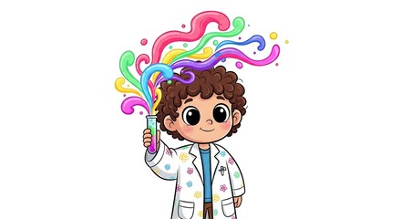 Cute cartoon child scientist holding a test tube with colorful smoke. Educational and playful science character on white background.