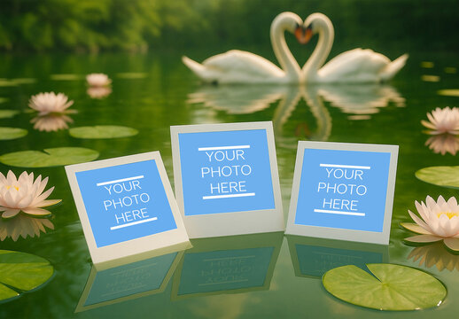 Romantic 3 Polaroid Photos Mockup With Heart-shaped Swans And Lotus Pond