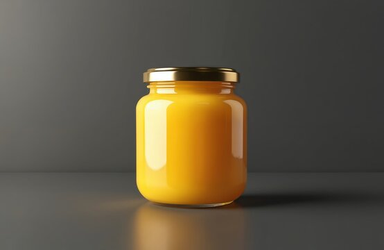Ghee glass jar mockup. Glass jar filled with ghee, butter or honey. Golden lid, blank label space, food product concept, oil ingredient for culinary. Healthy eating.