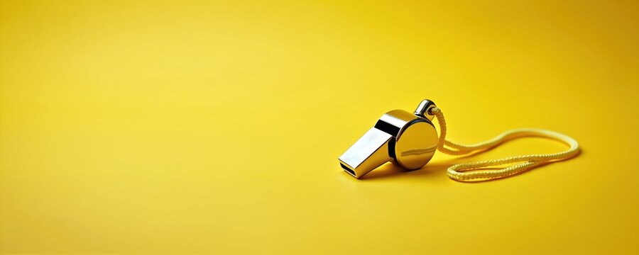Shiny metal whistle on yellow background. Referee tool for sports like soccer, basketball, baseball. Sport competition, referee, challenge concept. Close-up studio photo. Warning sound alert.