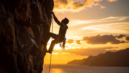 Climber ascends rock face at sunset