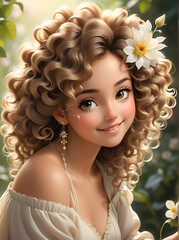 A digitally created image of a young woman with voluminous, curly hair adorned with a white flower. She has large eyes and an expressive smile.