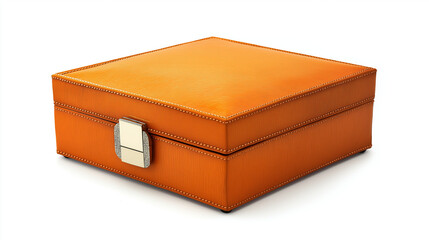 A stylish orange  jewelry box isolated on a white background, perfect for storing rings, earrings, or necklaces.
