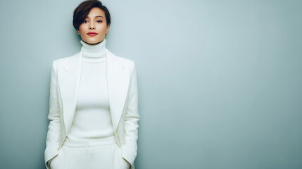 minimalist portrait of fashion designer positioned on left side of frame with clean background