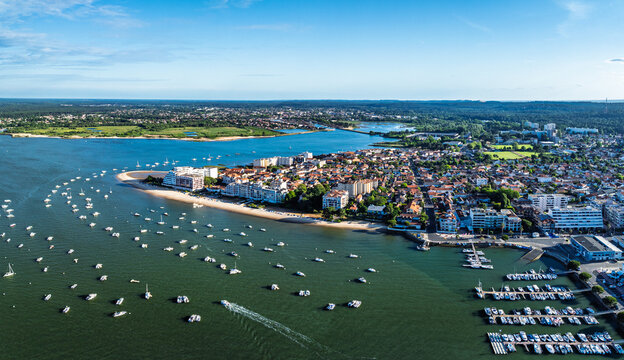 Panorama of Marina and Beach in Arcachon from a drone, Arcachon, Gironde, France, Europe