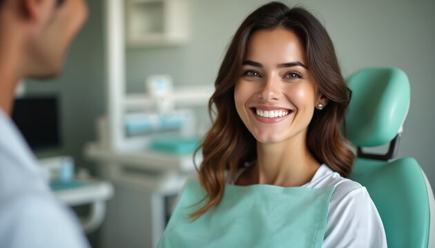 Smiling brunette woman having dental checkup in dentist surgery. Attractive patient with perfect white teeth smiles after teeth whitening treatment. Dentist appointment concept.