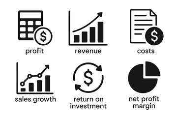 Business KPI icon set. Vector illustration of financial performance indicators. Profit, revenue, costs, sales growth, ROI, net profit margin. Analytics and data symbols.