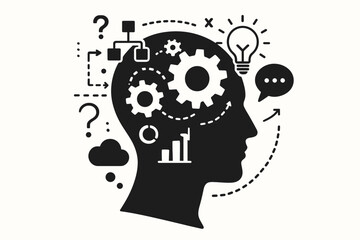 Human head silhouette with gears symbolizing thought process. Concept of mind's inner mechanisms, problem solving, creativity, and innovation. Psychology and mental health vector icon.