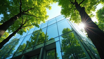 Glass office building framed by tall trees, sunny day, sky reflected in windows. Eco-friendly construction, sustainable architecture in urban environment.