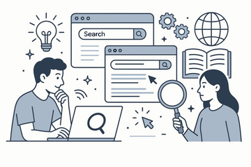 Efficient search and research concept. People collaborating on finding information online using a laptop and magnifying glass. Teamwork, SEO, data analysis, knowledge discovery.