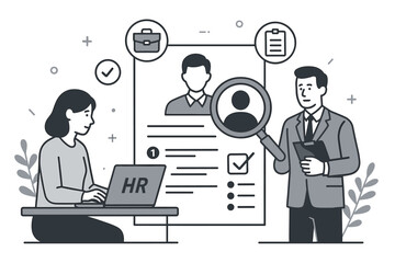 HR manager with magnifying glass evaluates candidate resume. Recruitment agency concept. Human resources team hiring new employee. Job applicant selection and evaluation process vector.