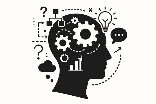 Human head silhouette with gears symbolizing thought process. Concept of mind's inner mechanisms, problem solving, creativity, and innovation. Psychology and mental health vector icon.