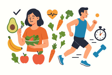 Healthy lifestyle concept with diet and exercise. Woman eating fresh salad and man running. Vector illustration of nutrition, fitness, sport, active living, wellness, and health care.