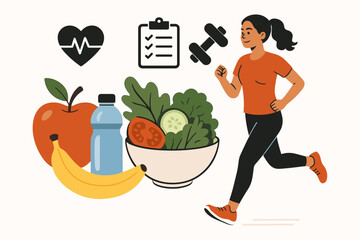 Healthy lifestyle concept with a woman running. Diet, exercise, and wellness vector illustration. Includes healthy food, nutrition plan, fitness, cardio training, and heart health.