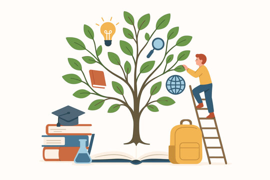 Tree of knowledge metaphor for education and personal growth. Student climbing a ladder to learn. Vector concept for study, wisdom, graduation, research, and development.