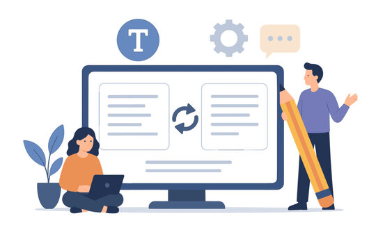 Text rewriting and content creation concept. Team of copywriters using AI software for editing and summarizing articles. Man with pencil and woman with laptop. Paraphrasing tool vector.