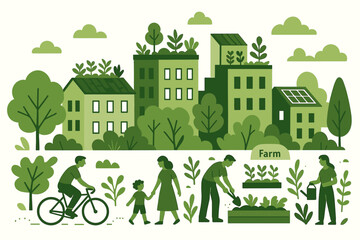 Green city vector illustration. Concept of sustainable urban development and eco-friendly lifestyle. Community with rooftop gardens, urban farming, and people living in harmony with nature.