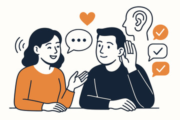 Active listening, communication and empathy concept. Man carefully listens to a woman speak. Dialogue, support, understanding in psychology, therapy, coaching or relationship counseling.