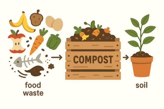 Composting process infographic showing food waste turning into fertile soil for gardening. Vector illustration of organic recycling, sustainability, and eco-friendly living.