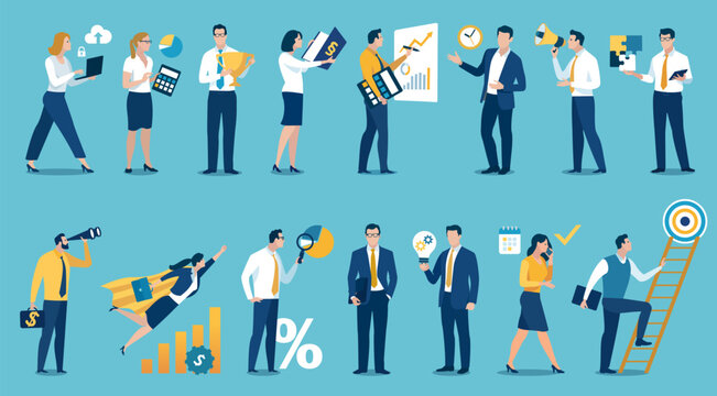 Business concept office work. Set of business characters at various positions. Business vector illustration.