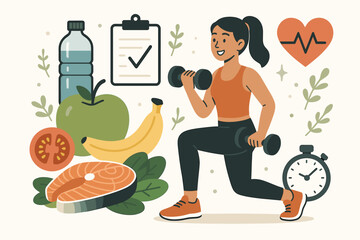 Healthy lifestyle concept with woman exercising and healthy food. Diet and nutrition plan for wellness and weight loss. Fitness workout, cardio training, and body care illustration.