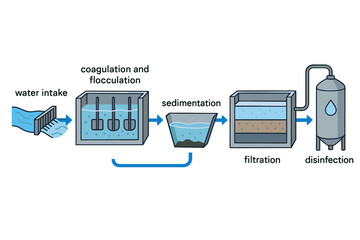 Water treatment plant process vector diagram. Educational infographic of clean water purification steps. Coagulation, flocculation, sedimentation, filtration, and disinfection.