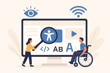 Web accessibility concept illustration. Inclusive user experience for people with disabilities. Man in wheelchair using computer. Developer checking UI for WCAG and ADA compliance.