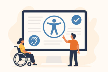 Web accessibility vector illustration. Inclusive design for people with disabilities. Woman in wheelchair using an accessible website. Digital inclusion and user experience concept. ADA.