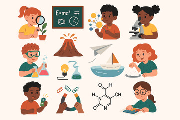 Diverse children doing science experiments collection. Cute cartoon students in STEM education. Vector icons for school learning, biology, chemistry, physics, and discovery concept.