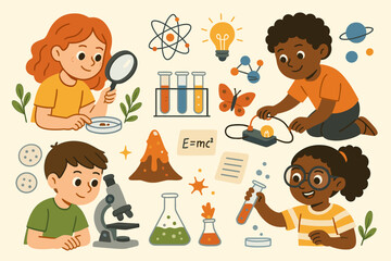 Kids science education vector illustration set. Diverse cartoon children in fun experiments with microscope, test tubes. STEM learning, discovery and school concept with icons.