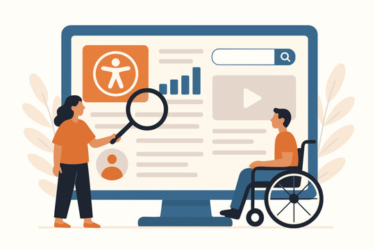 Web accessibility concept. Woman with magnifier points to accessibility icon on website for man in wheelchair. Inclusive design, digital inclusion, UI UX for disabled people.