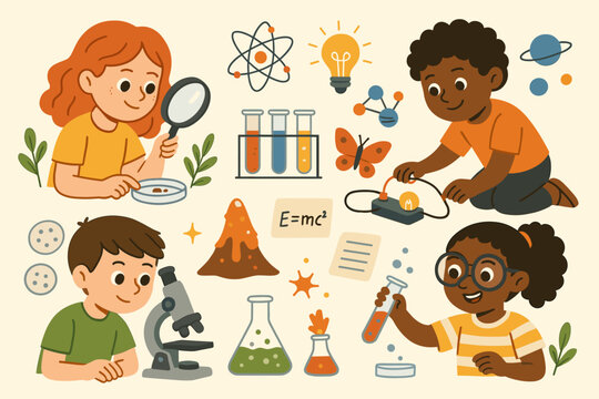 Kids science education vector illustration set. Diverse cartoon children in fun experiments with microscope, test tubes. STEM learning, discovery and school concept with icons. - Powered by Adobe