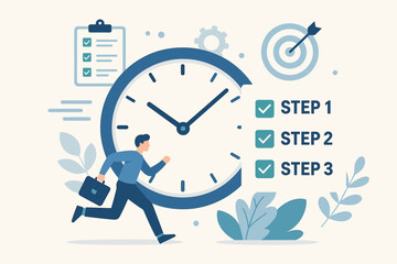 Efficient task management and time organization concept. Businessman running against a clock. Productivity, deadline, and planning illustration with checklist, target, and steps.