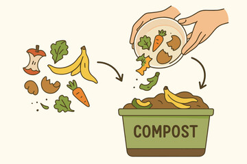 Composting kitchen scraps and organic food waste illustration. Person recycling leftovers like fruit peels and eggshells into a compost bin. Sustainable zero waste lifestyle concept.