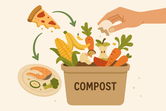 Composting kitchen scraps vector illustration. Hand putting organic food waste, leftovers, fruit, and vegetable peels into a compost bin. Concept of zero waste, recycling, and ecology.