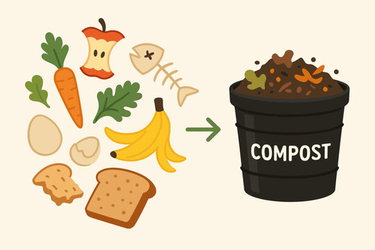 Compost concept vector illustration. Organic kitchen food scraps like fruit and vegetable leftovers transforming into rich soil fertilizer. Recycling, sustainability, zero waste concept.
