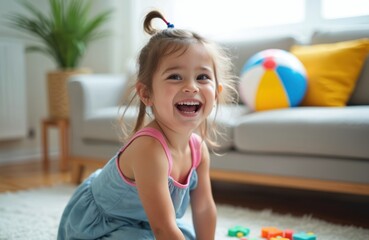 Happy toddler girl smiles joyfully. Child with autism spectrum disorder plays with toys at home in therapy session living room. Healthy childhood, family, new normal.