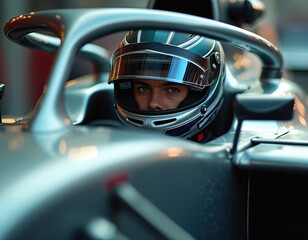 Obraz premium Formula 1 driver concentrates before race in car. Motorsport vehicle. Racing helmet with visor, modern tech. Intense look expressing focus. High speed motorsport. Extreme sports.